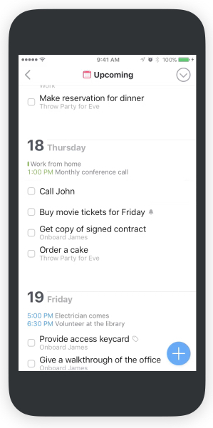 The very useful Upcoming view here shown on the iPhone. Note the Magic Plus button for adding date or project populated tasks anywhere in the system